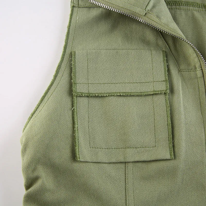 2 way zipper slim fit cargo jacket streetwear drawstring pleated pocket sleeveless shirt