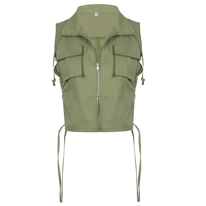 2 way zipper slim fit cargo jacket streetwear drawstring pleated pocket sleeveless shirt