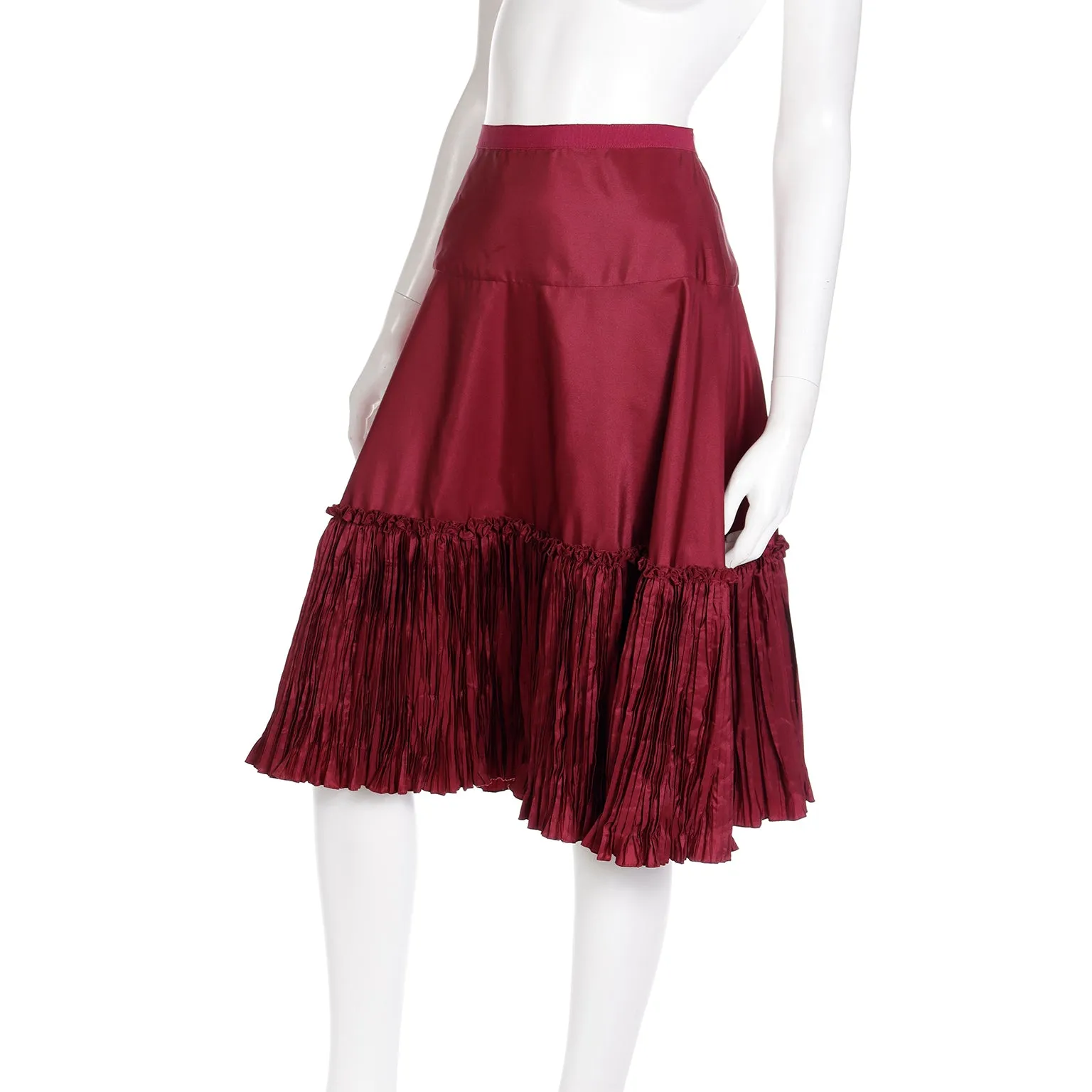 2000s Oscar de la Renta Burgundy Taffeta Pleated Evening Skirt