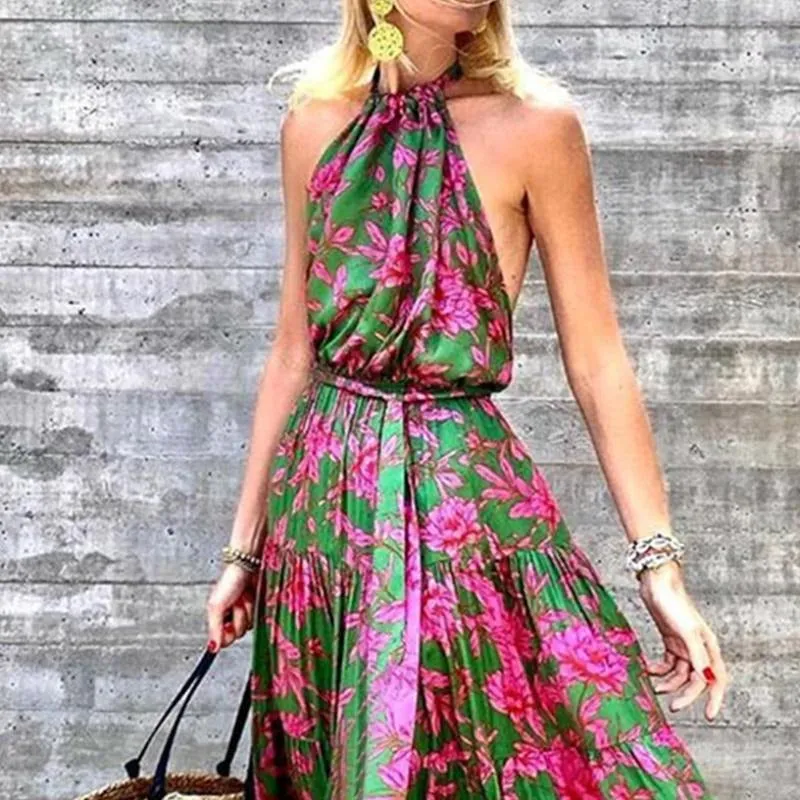 2023 summer new women's halter neck sexy backless beach boho print Maxi dress