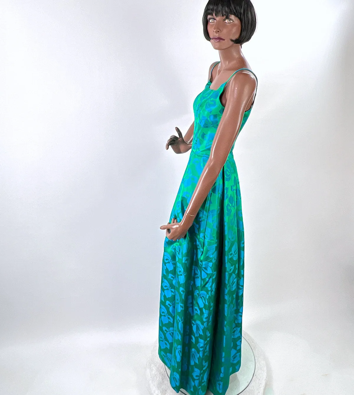 50s Party Dress with Popover Jacket Women's 60s Long Gown Blue Green Brocade Carol Brent VFG