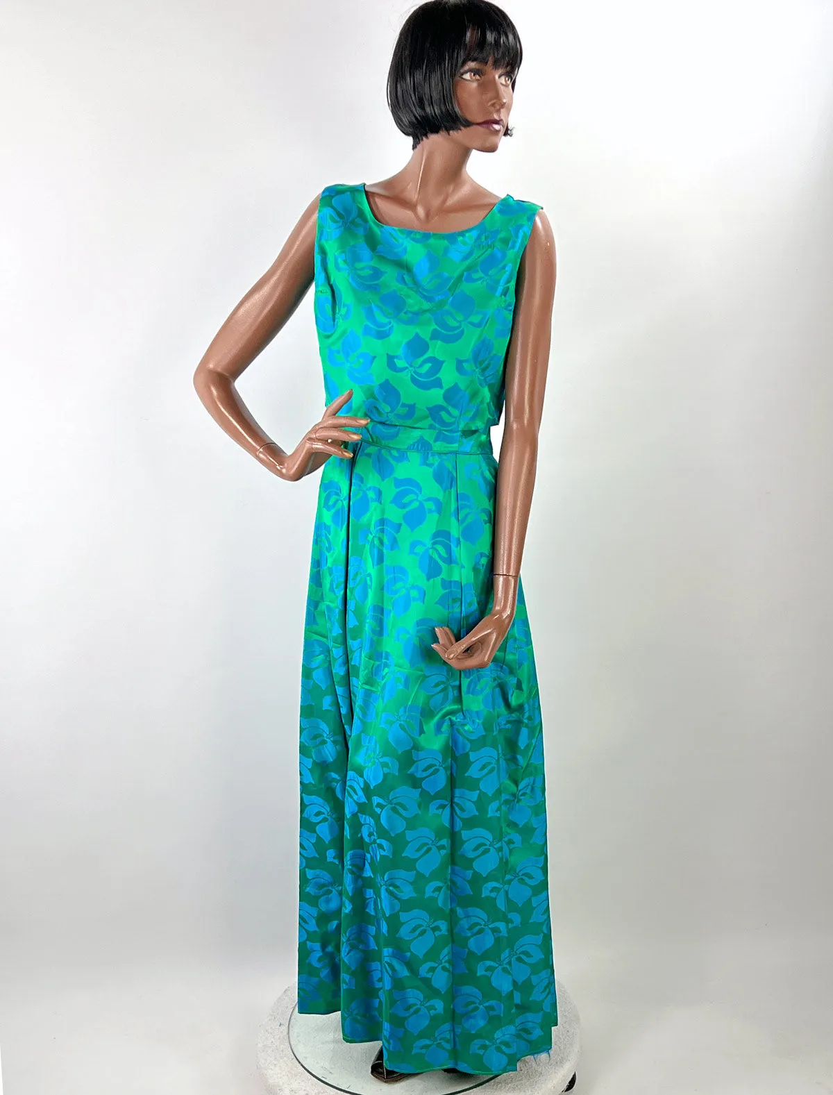 50s Party Dress with Popover Jacket Women's 60s Long Gown Blue Green Brocade Carol Brent VFG