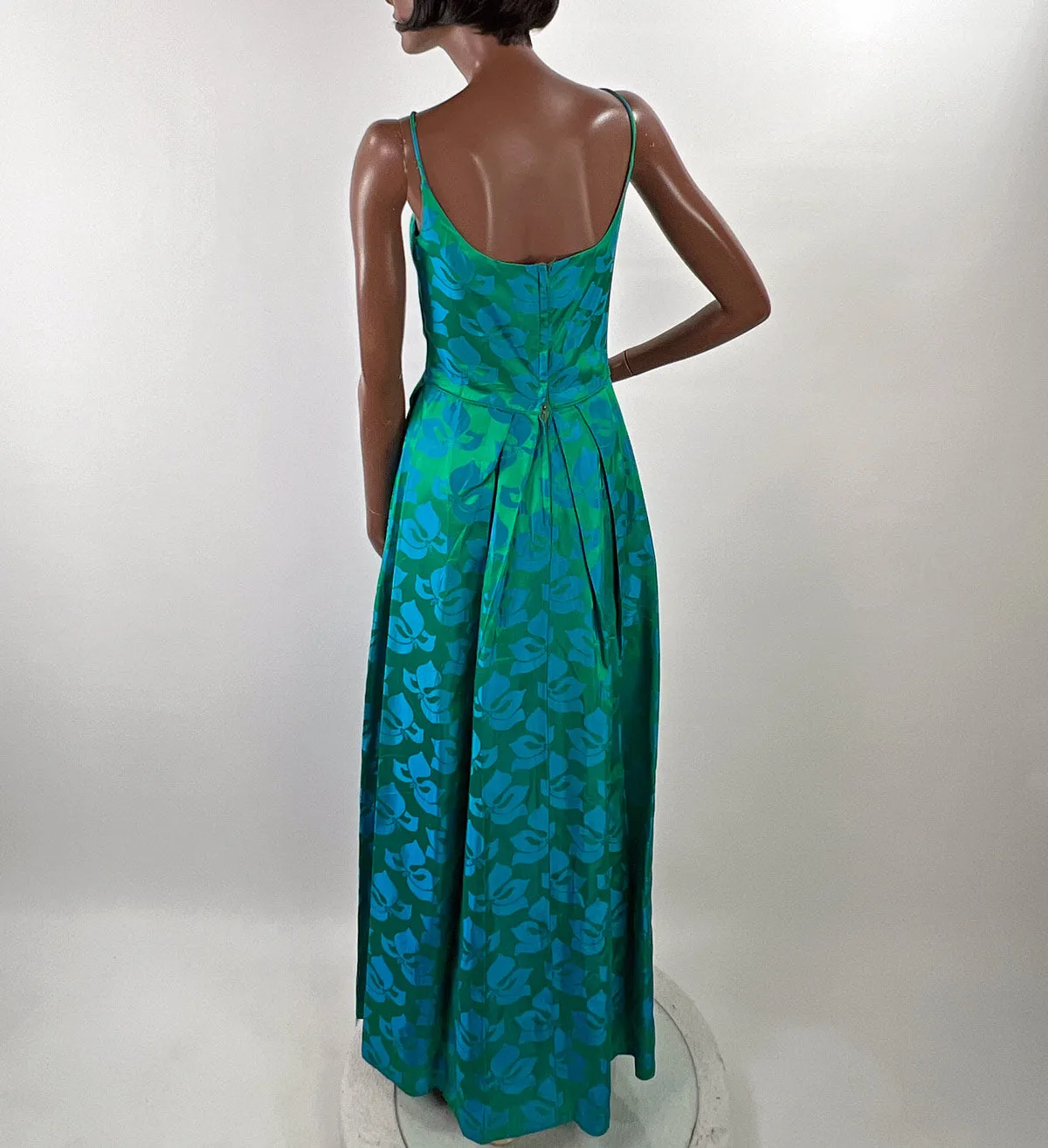 50s Party Dress with Popover Jacket Women's 60s Long Gown Blue Green Brocade Carol Brent VFG