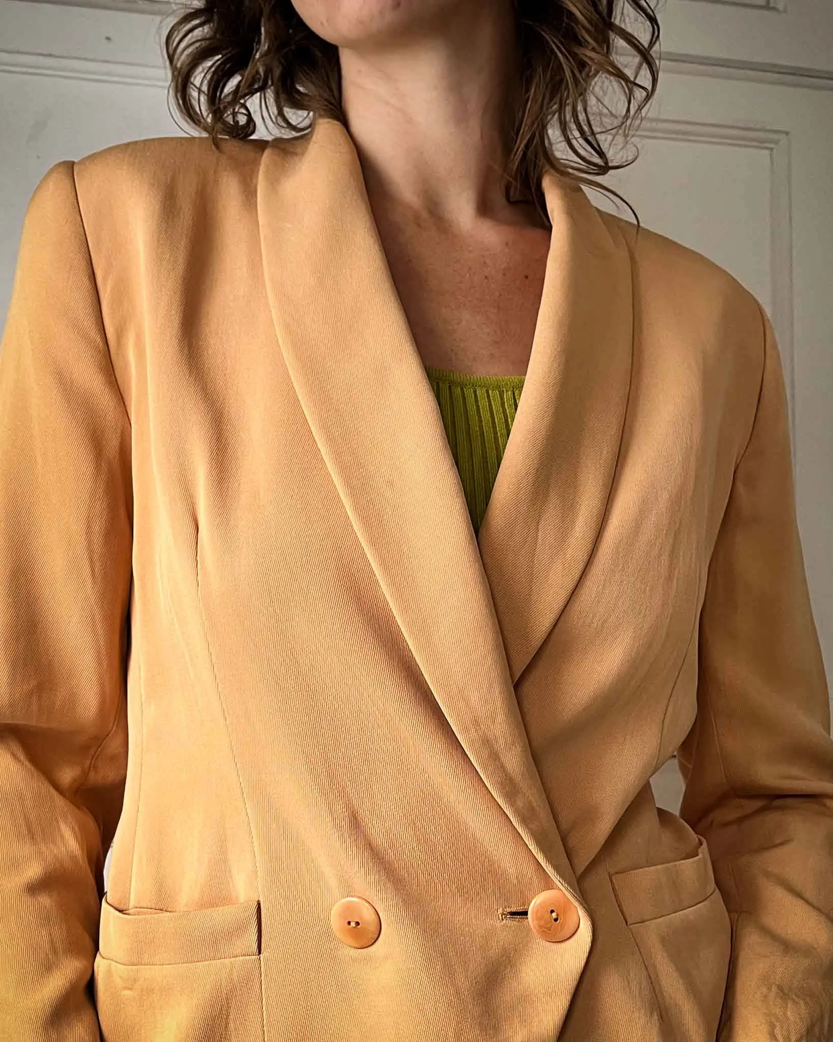 90s Apricot Silk Skirt Suit | S