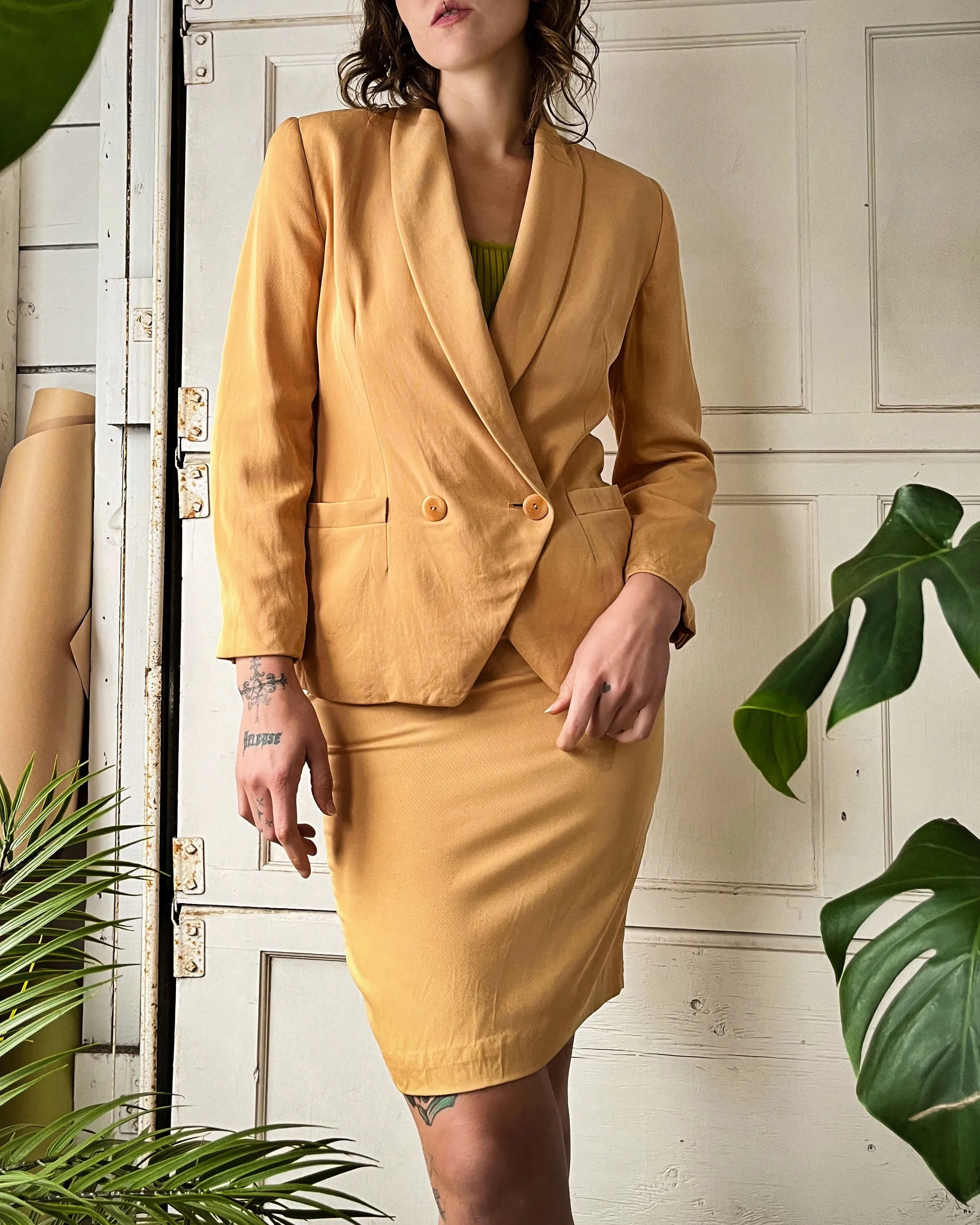 90s Apricot Silk Skirt Suit | S