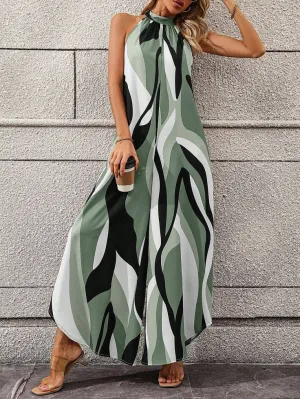 Abstract Wide Leg Halter Neck Jumpsuit