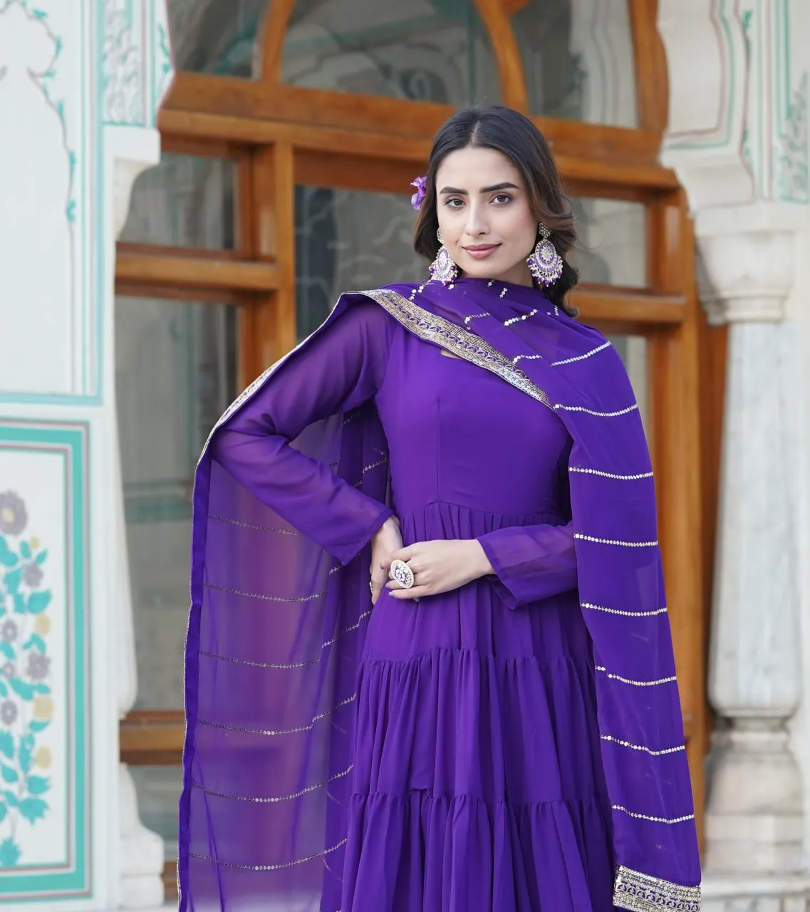 Alluring Purple Faux Georgette Gown with Sequined Dupatta