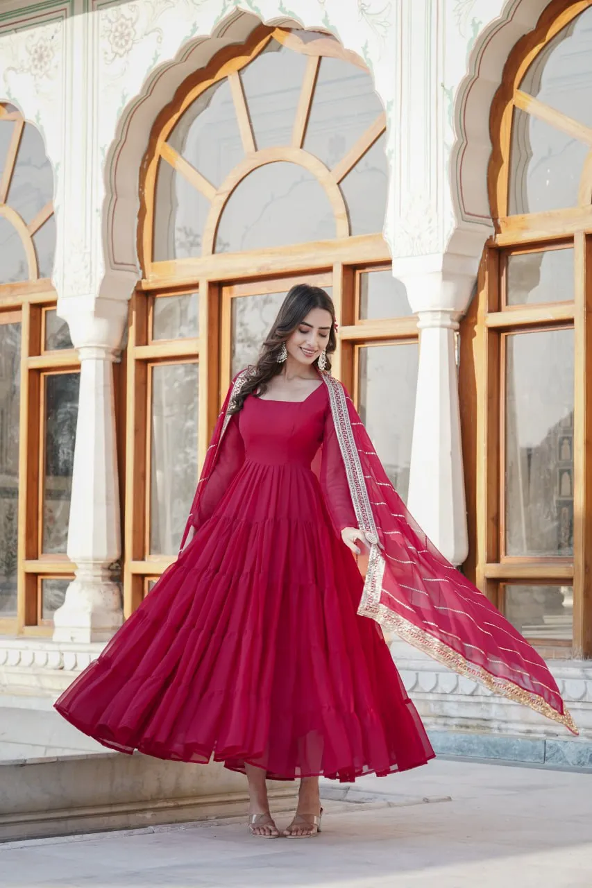 Alluring Rani Pink Faux Georgette Gown with Sequined Dupatta