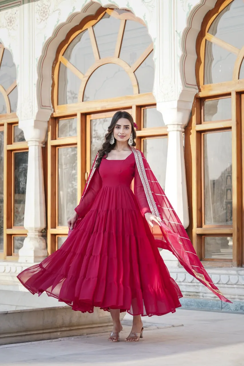 Alluring Rani Pink Faux Georgette Gown with Sequined Dupatta