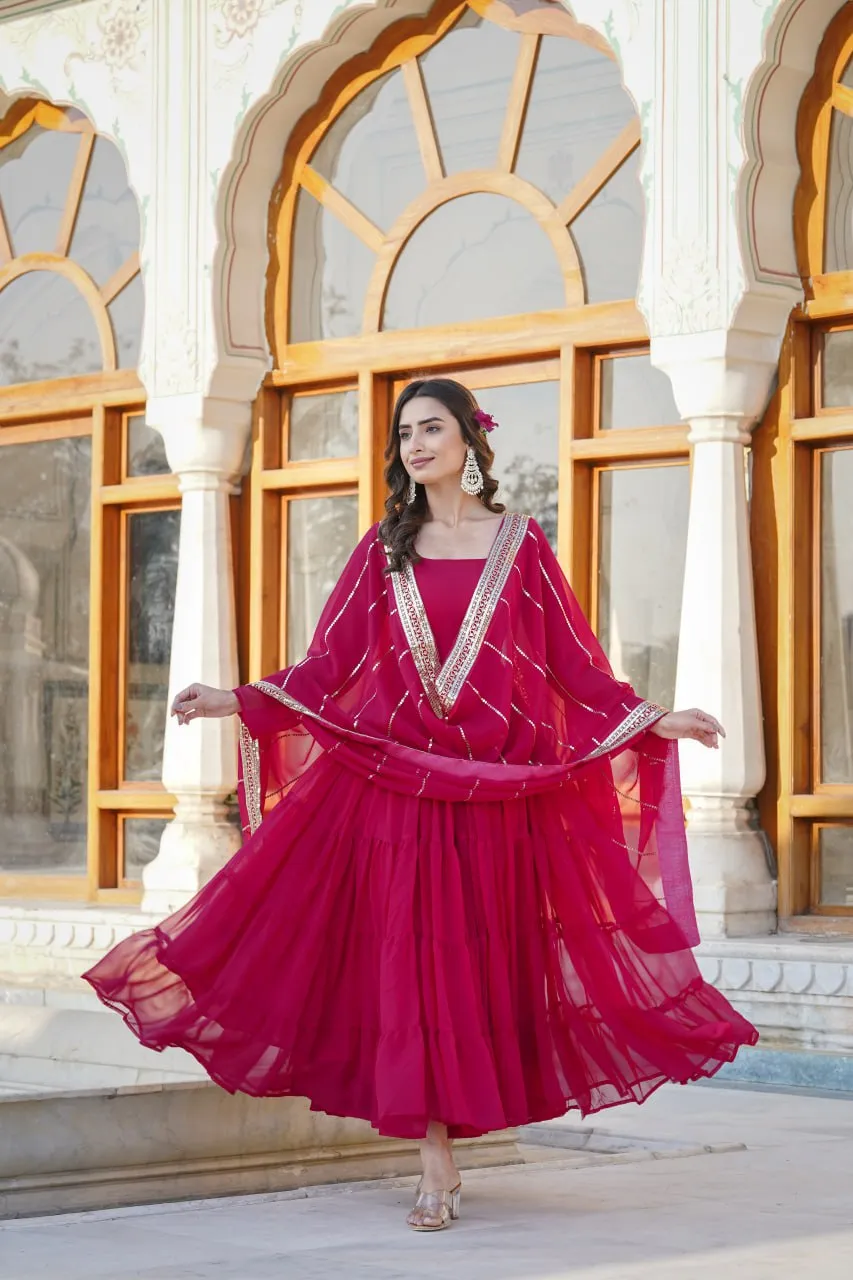 Alluring Rani Pink Faux Georgette Gown with Sequined Dupatta