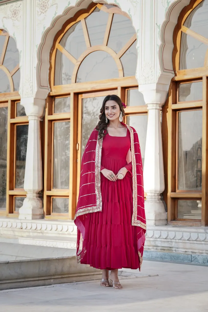 Alluring Rani Pink Faux Georgette Gown with Sequined Dupatta