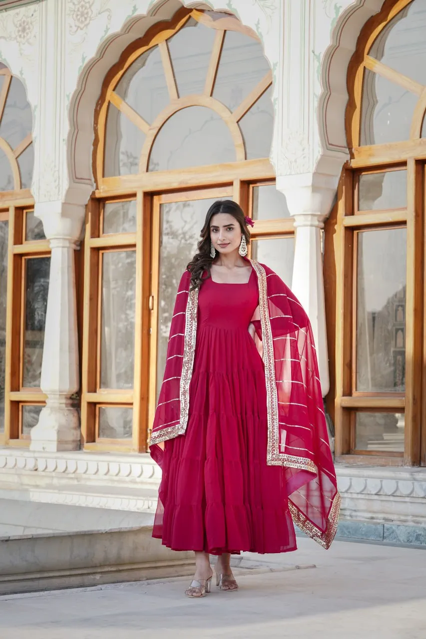 Alluring Rani Pink Faux Georgette Gown with Sequined Dupatta