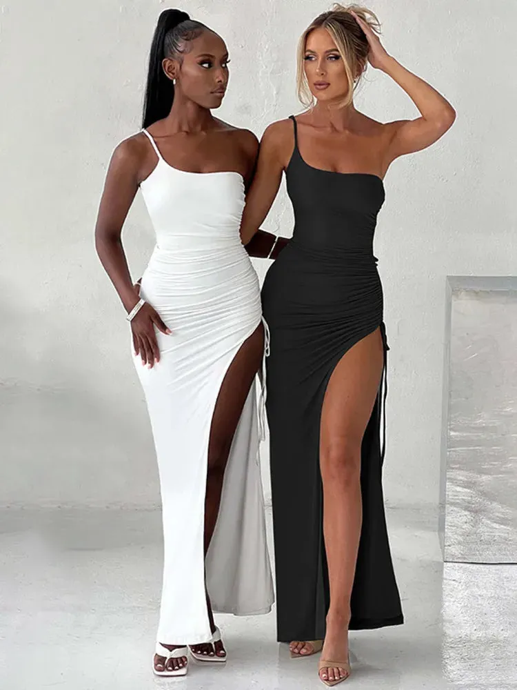 Amozae One Shoulder Strap Thigh High Split Maxi Dress For Women Robe Sleeveless Backless Bodycon Sexy Club Party Long Dress