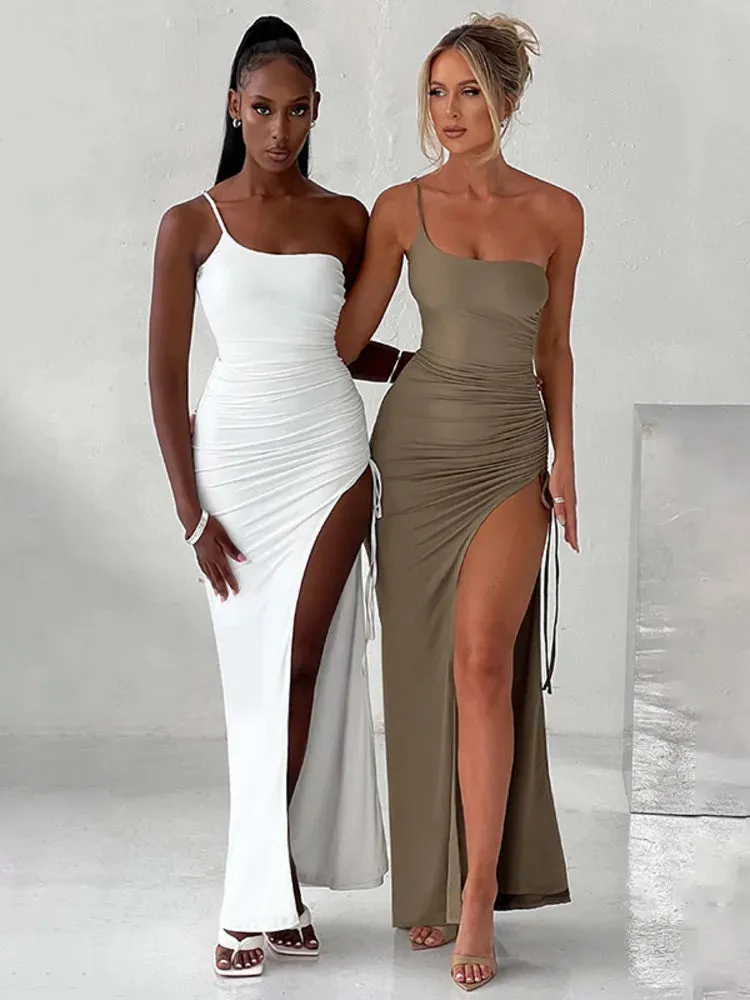 Amozae One Shoulder Strap Thigh High Split Maxi Dress For Women Robe Sleeveless Backless Bodycon Sexy Club Party Long Dress