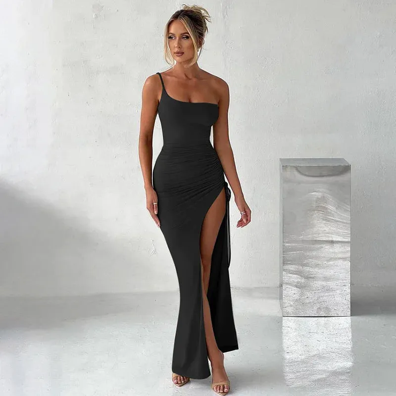 Amozae One Shoulder Strap Thigh High Split Maxi Dress For Women Robe Sleeveless Backless Bodycon Sexy Club Party Long Dress