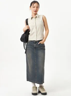 Back Slit Denim Maxi Skirt CD23