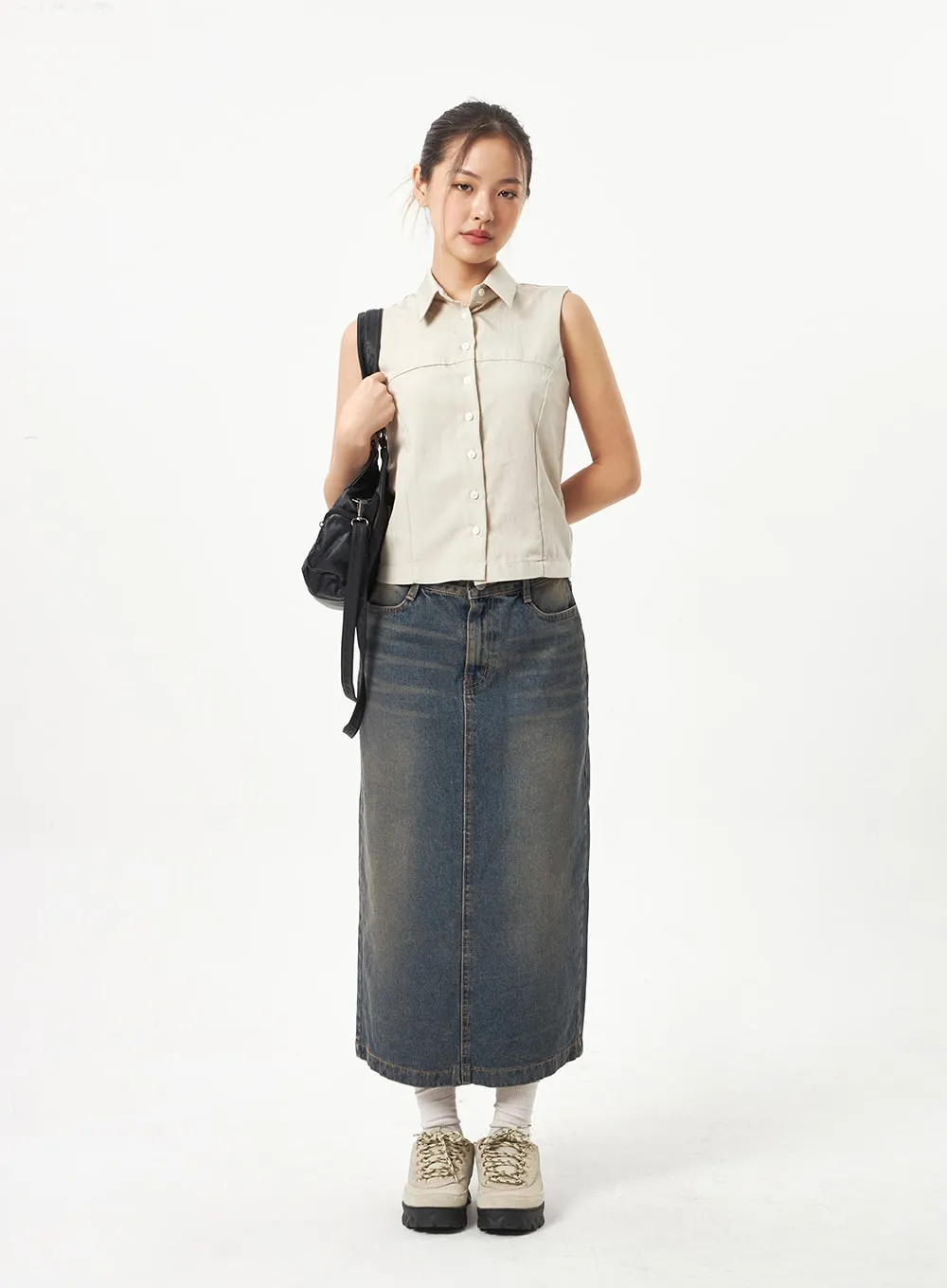 Back Slit Denim Maxi Skirt CD23