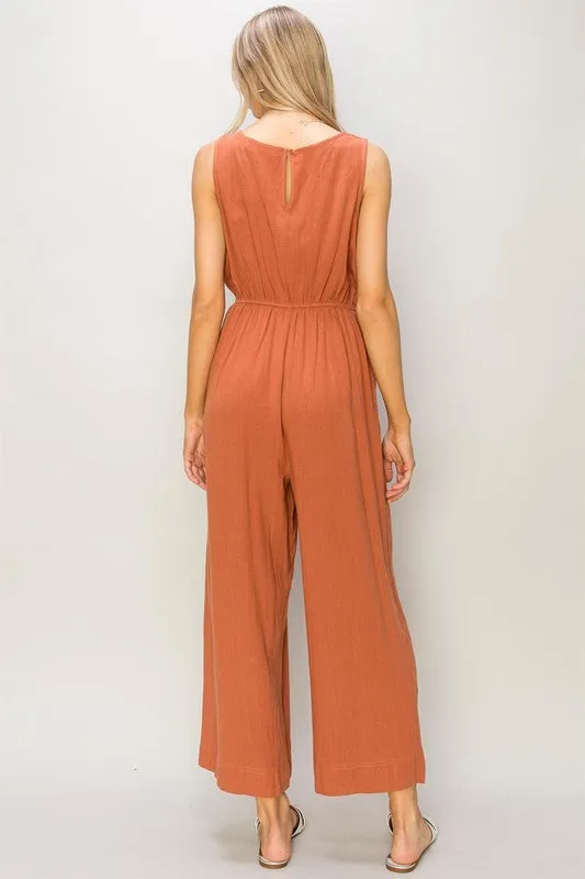 Baked Clay Sleeveless Linen Jumpsuit