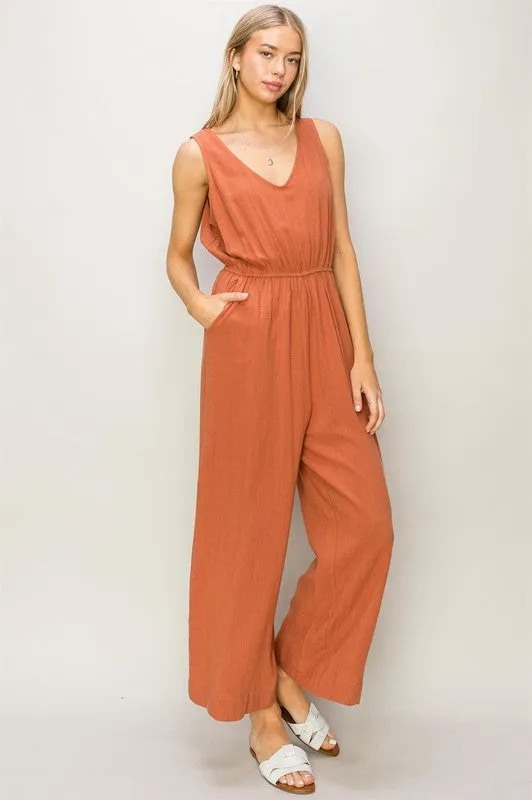 Baked Clay Sleeveless Linen Jumpsuit