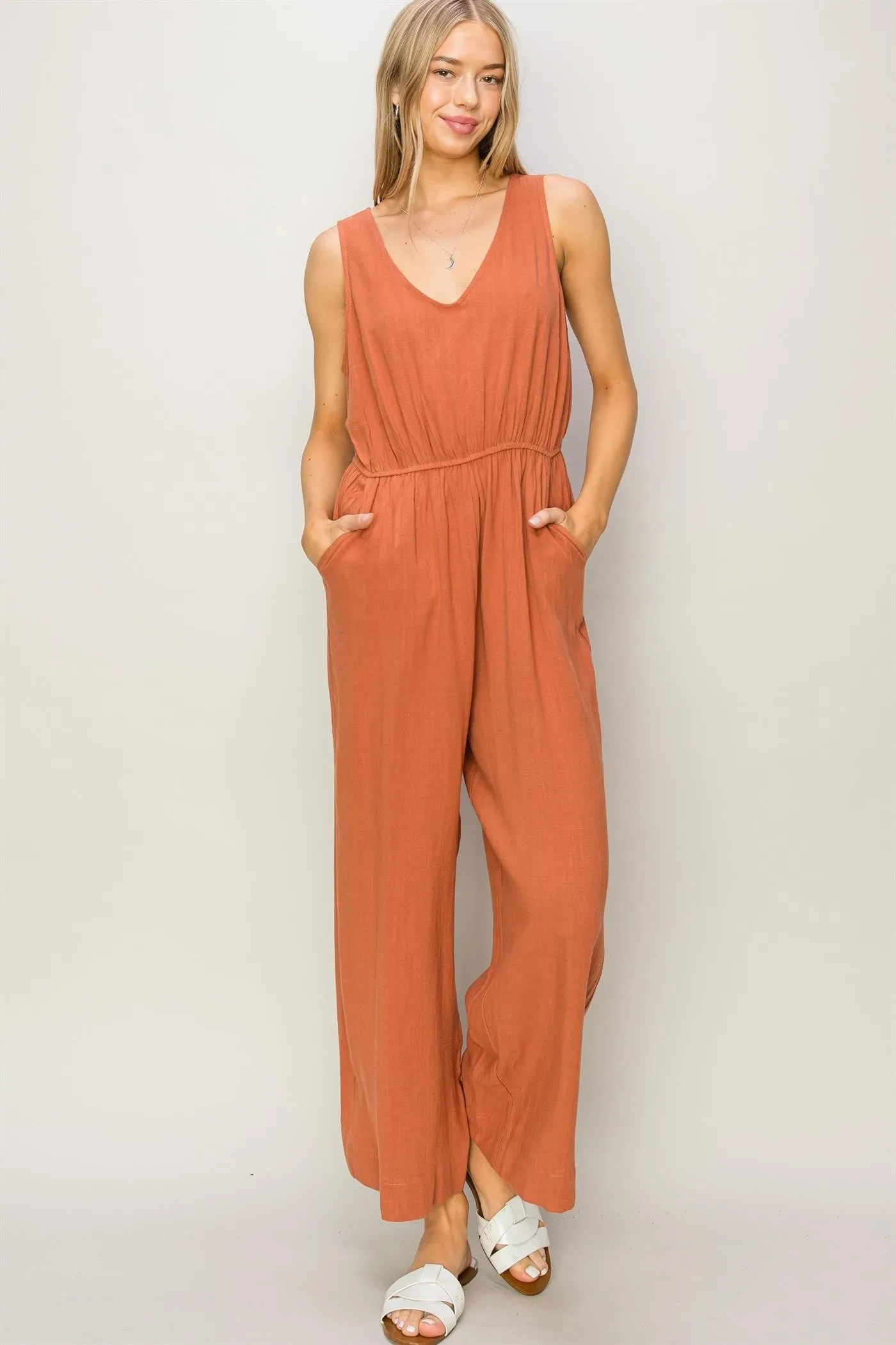 Baked Clay Sleeveless Linen Jumpsuit