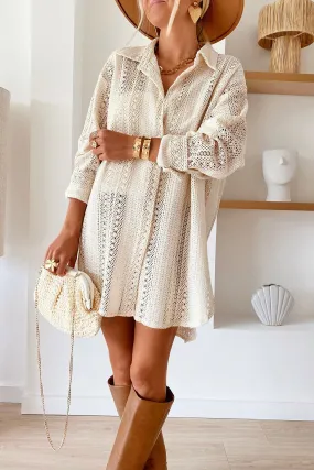 Beige Lace Crochet Collared Button Up Oversized Shirt