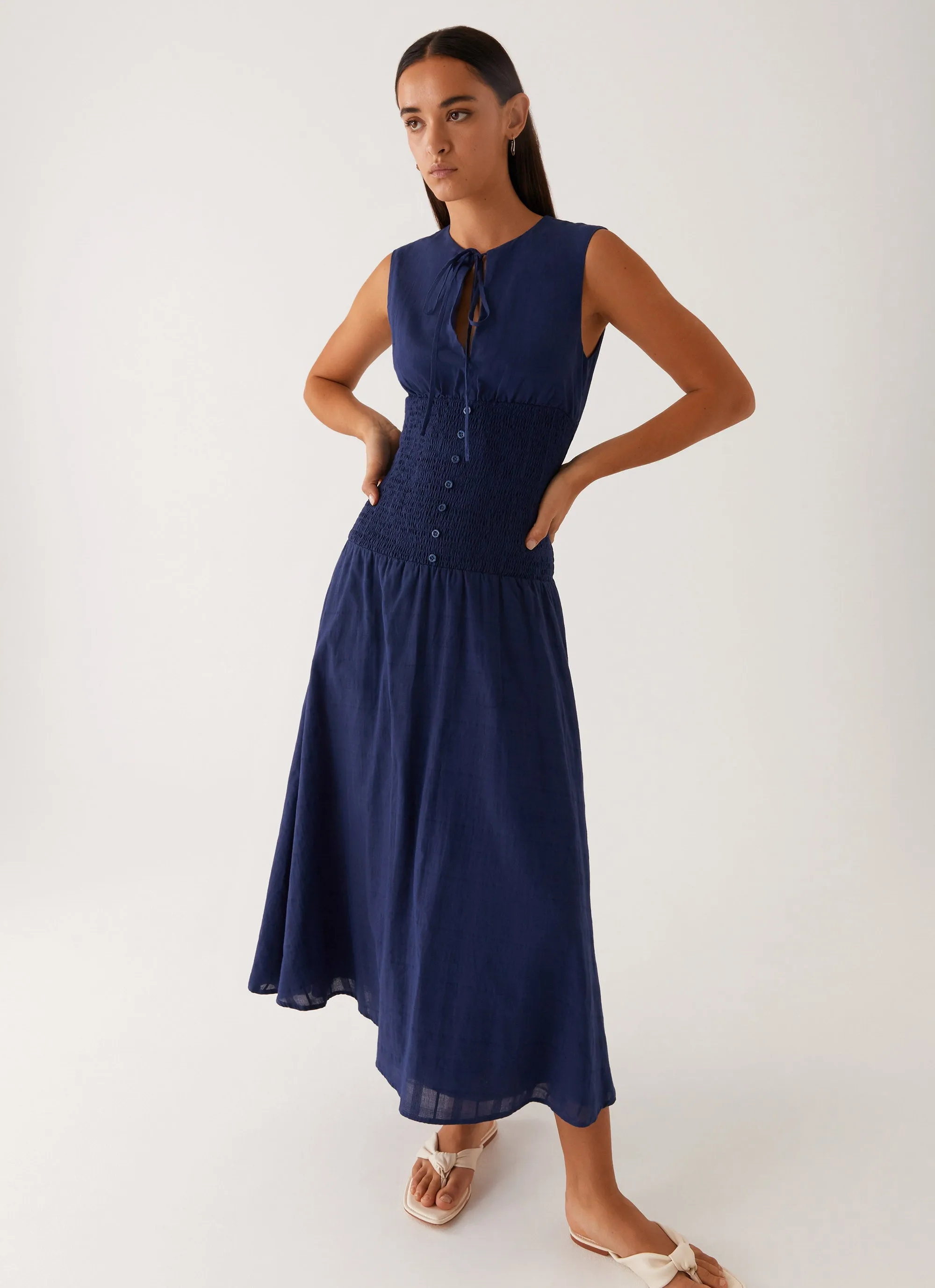 Belle Shirred Waist Midi Dress - Navy