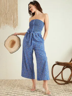 Berrylush Women Blue & Yellow Floral Printed Strapless Neck Sleeveless Waist Tie-Up Smocked Maxi Culotte Jumpsuit