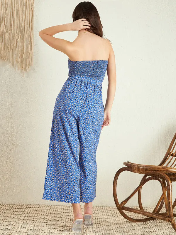 Berrylush Women Blue & Yellow Floral Printed Strapless Neck Sleeveless Waist Tie-Up Smocked Maxi Culotte Jumpsuit