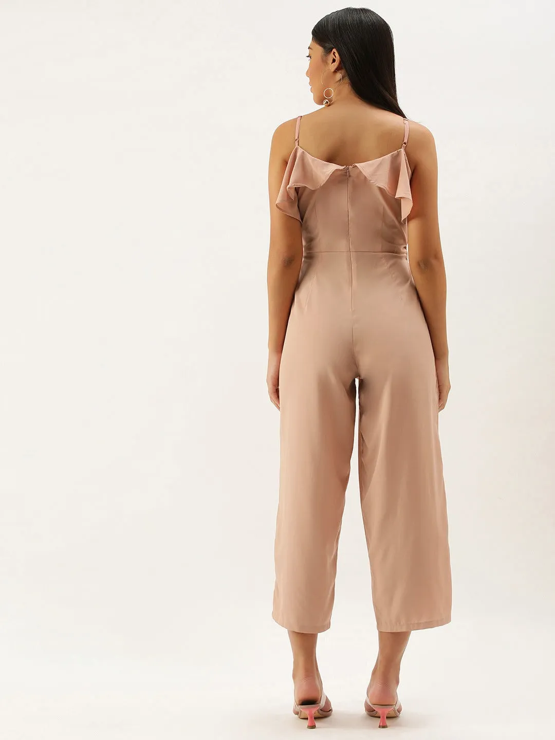 Berrylush Women Solid Pink Sleeveless Ruffled Jumpsuit