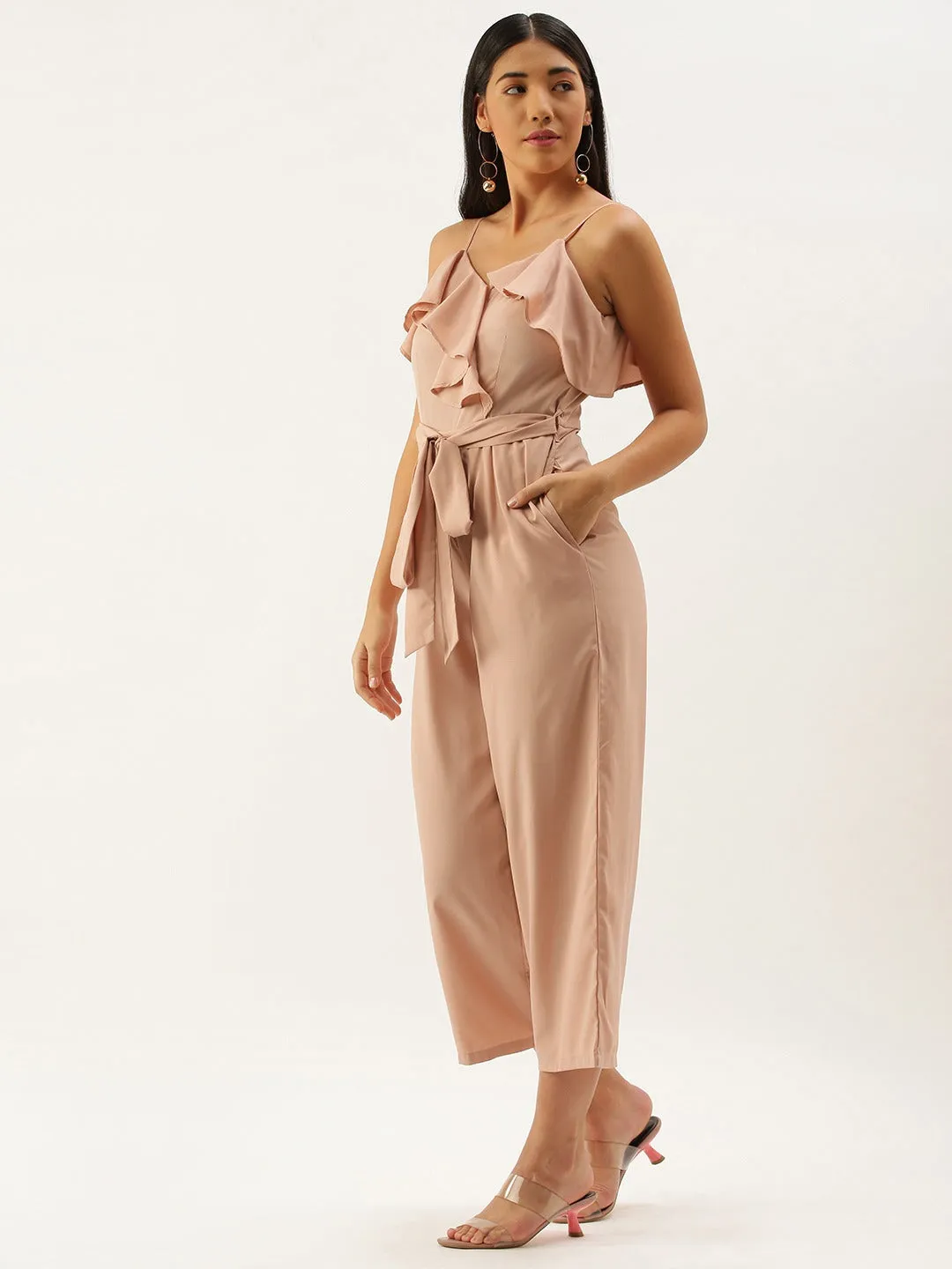 Berrylush Women Solid Pink Sleeveless Ruffled Jumpsuit