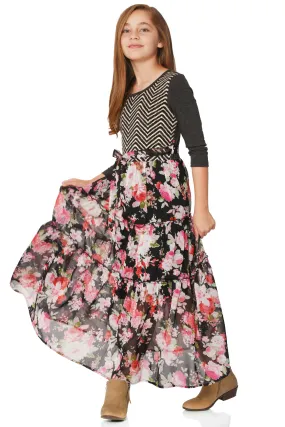 Big Girls Long Sleeve Floral Print Boho Maxi Dress