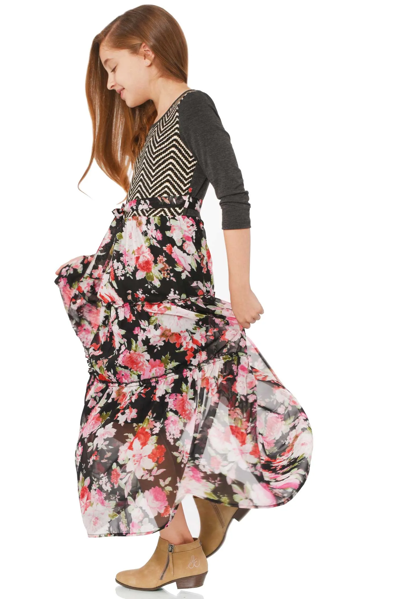 Big Girls Long Sleeve Floral Print Boho Maxi Dress