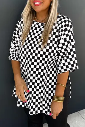 Black Checkered Print Side Slits Plus Size T Shirt