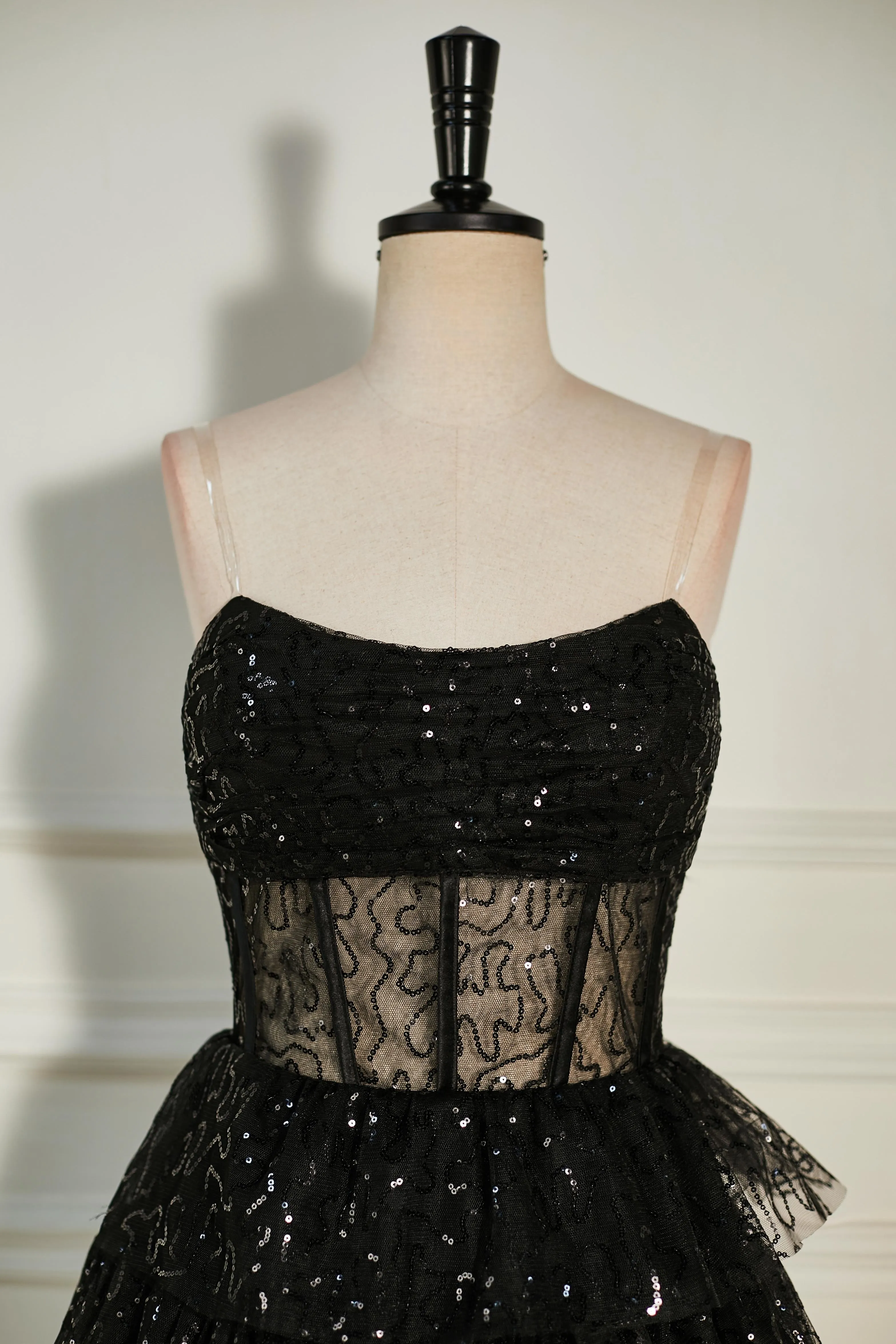 Black Cocktail Dress Sequined Strapless Multi-Layers Tulle Gowns