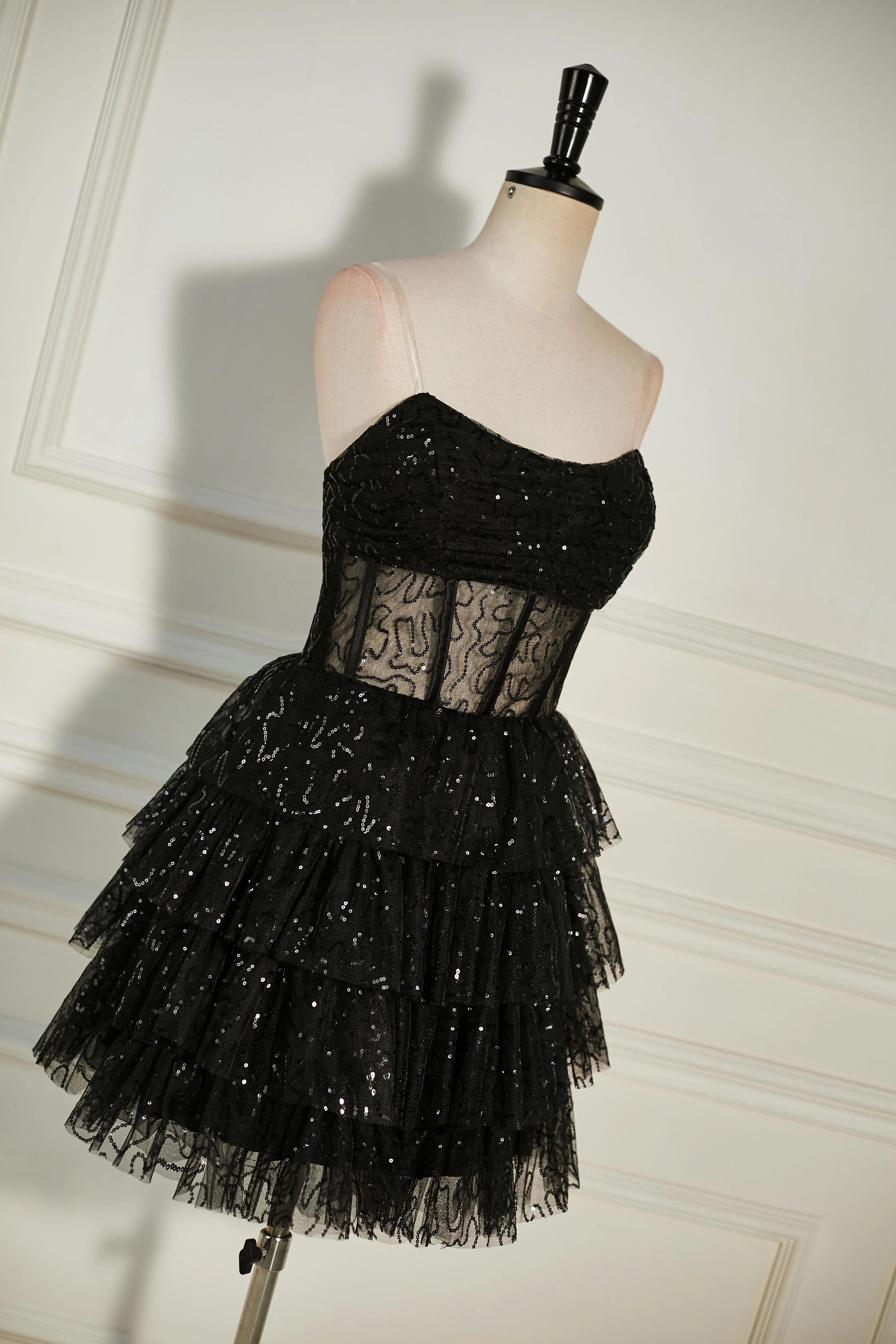 Black Cocktail Dress Sequined Strapless Multi-Layers Tulle Gowns