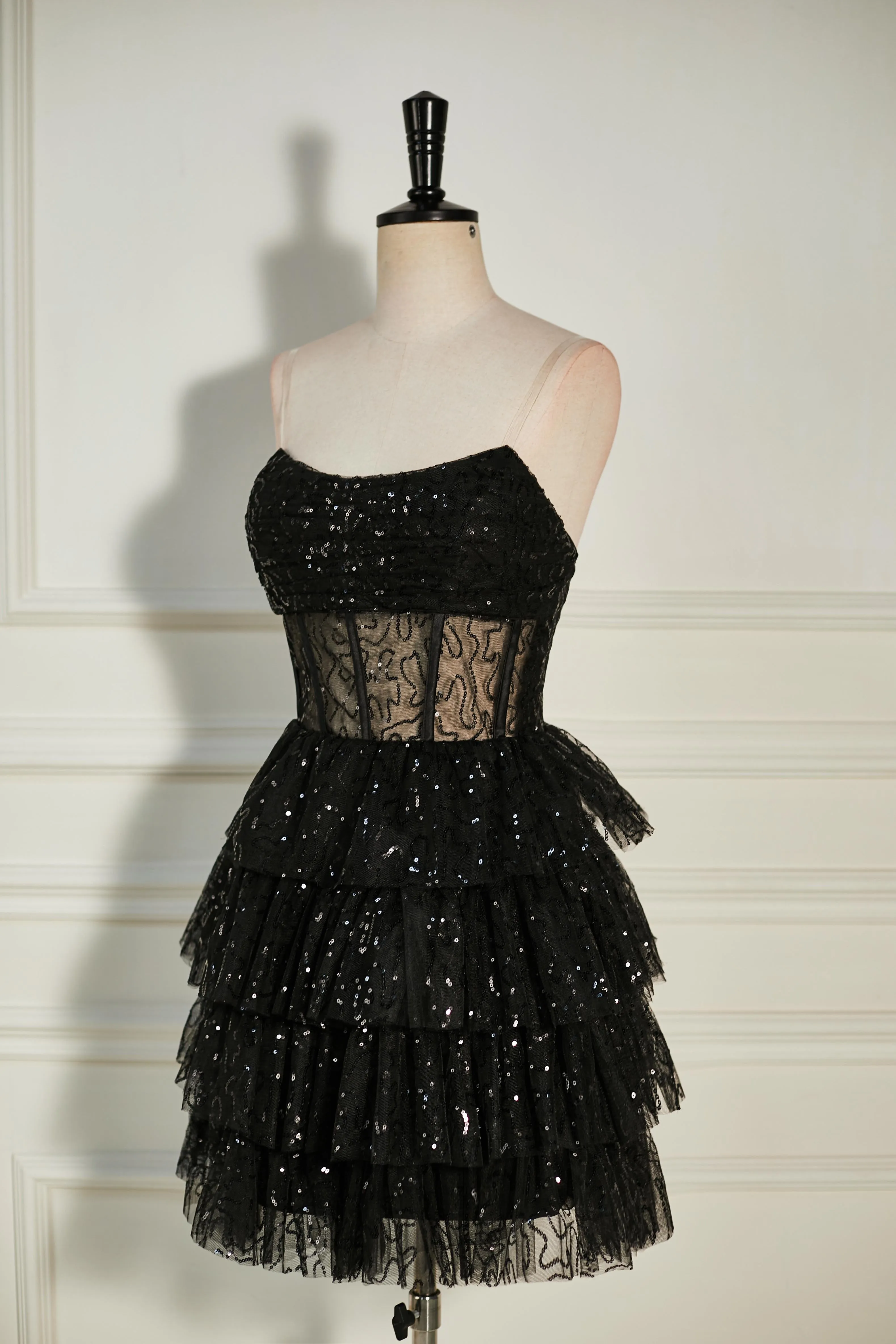 Black Cocktail Dress Sequined Strapless Multi-Layers Tulle Gowns