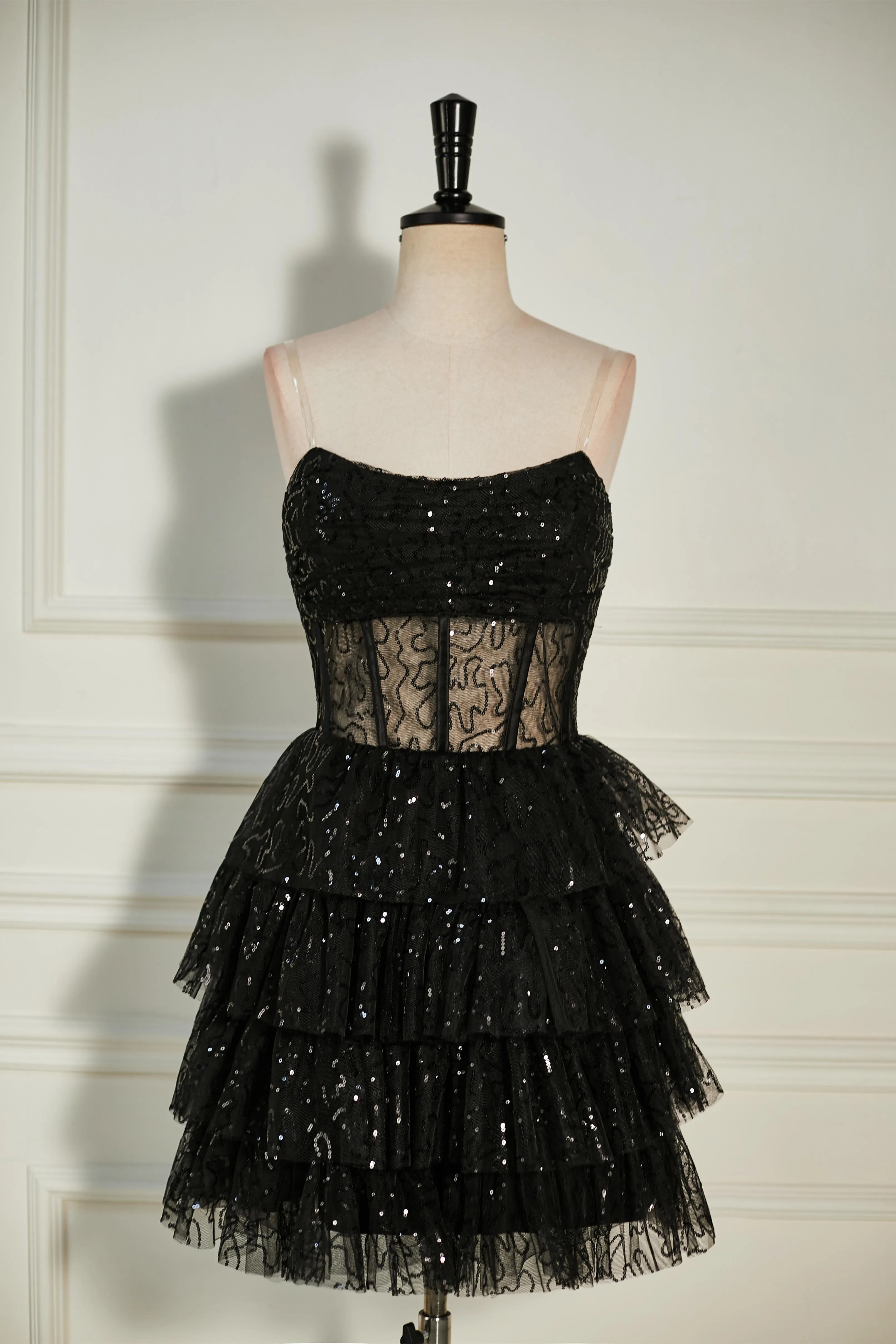 Black Cocktail Dress Sequined Strapless Multi-Layers Tulle Gowns