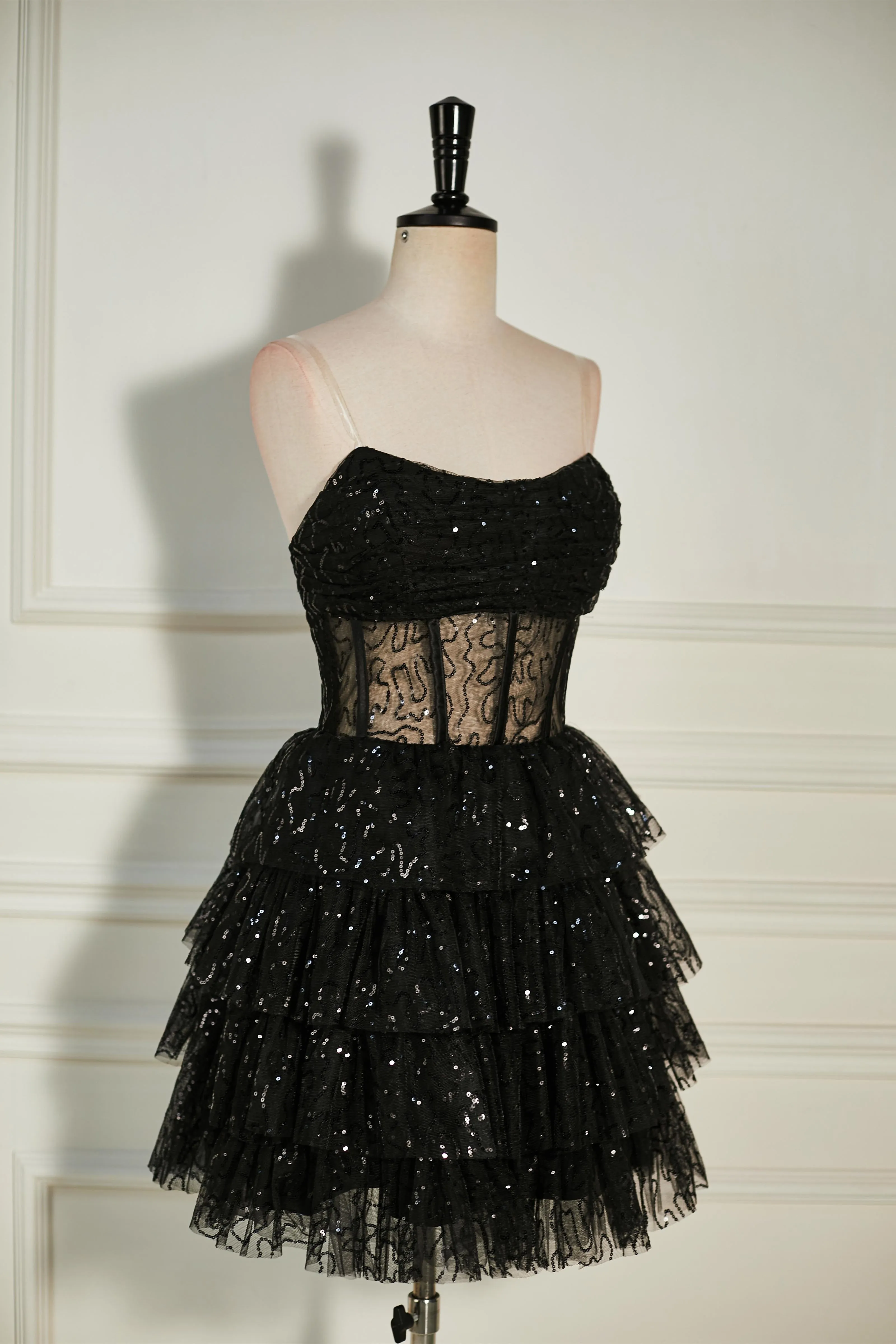 Black Cocktail Dress Sequined Strapless Multi-Layers Tulle Gowns