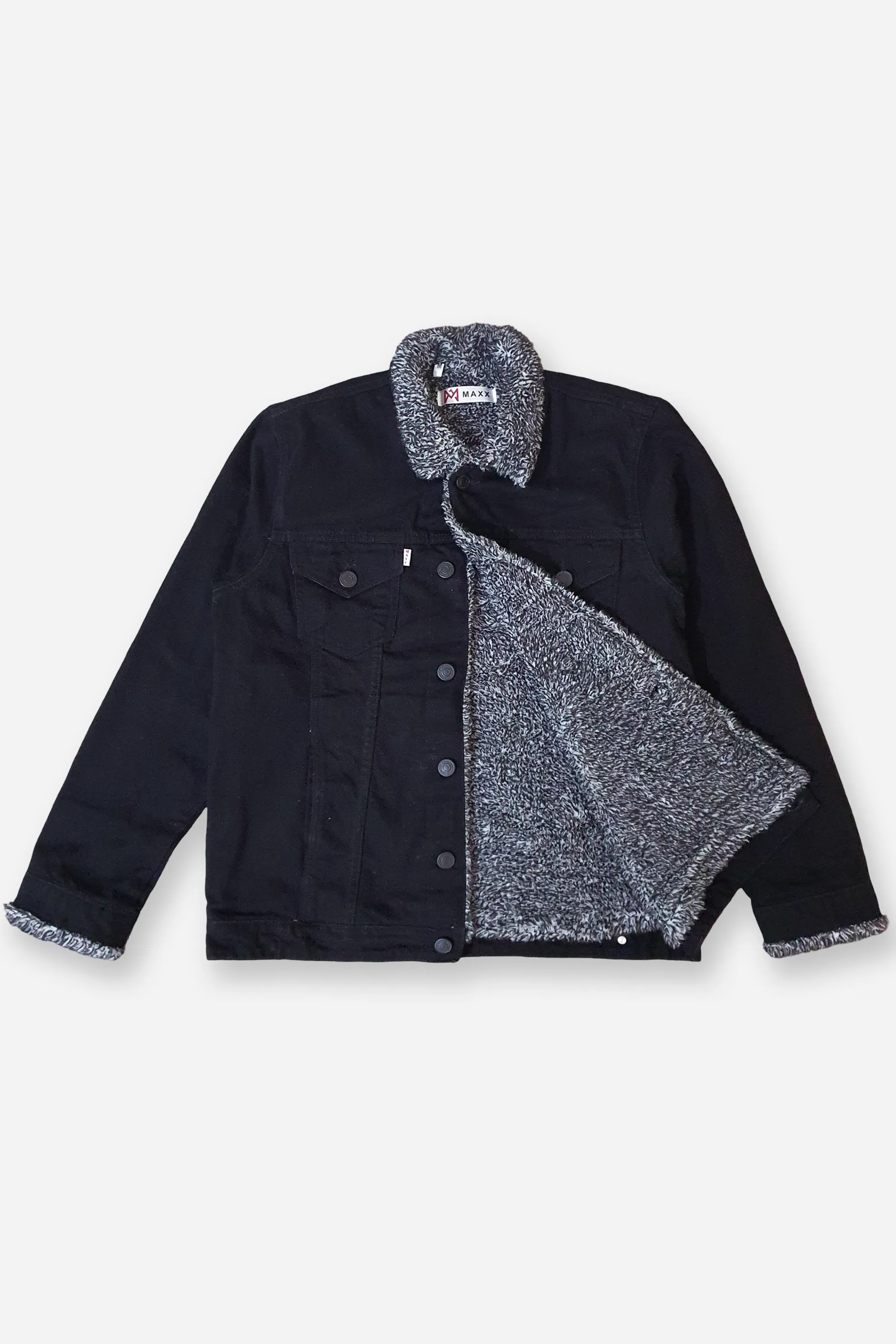 Black Denim Jacket with Black & White Sherpa Lining