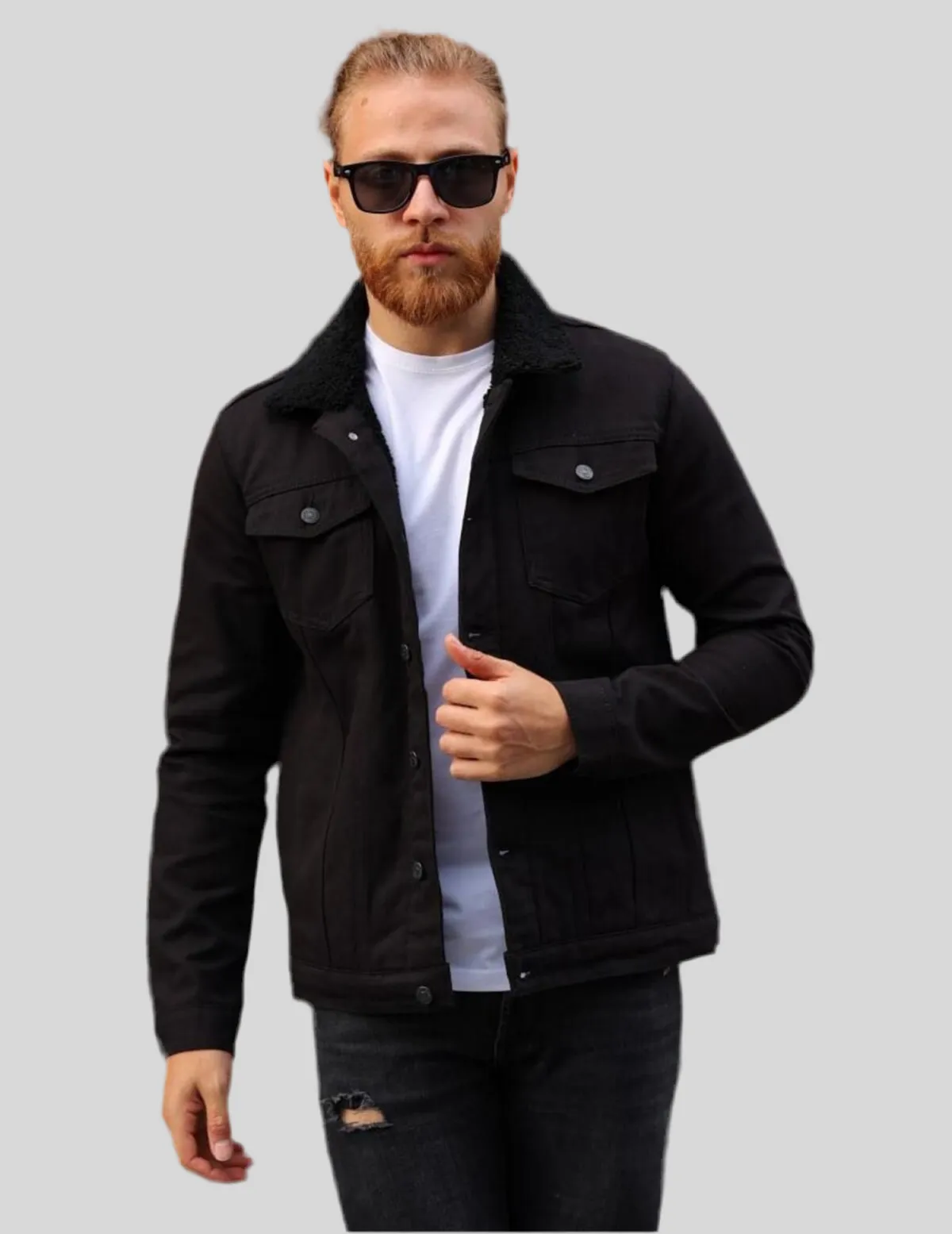 Black Denim Jacket with Black Sherpa Lining