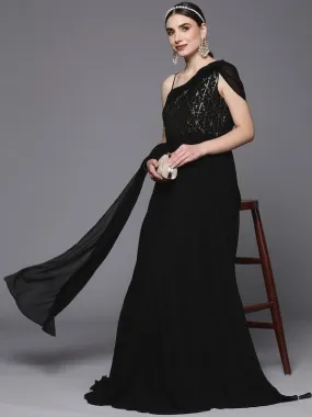 Black Embellished One Shoulder Georgette Maxi Dress