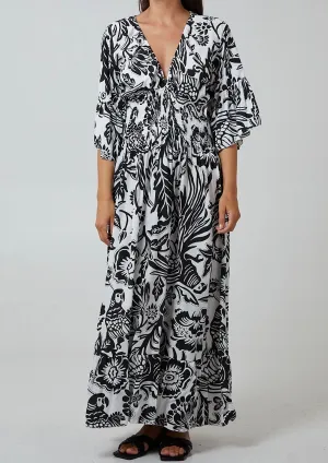 Black Floral Shirred Waist V-Neck Maxi Dress