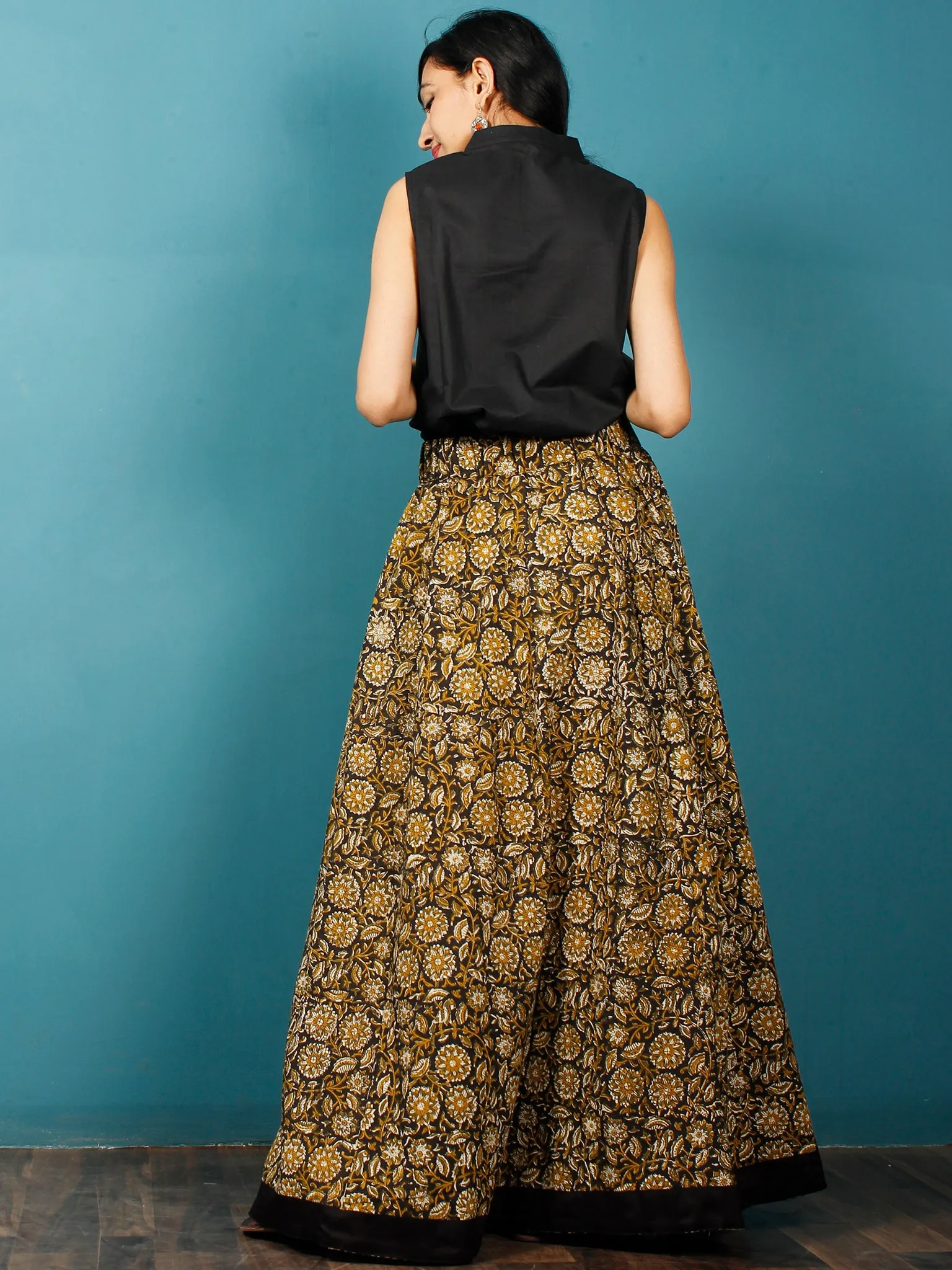 Black Mustard OliveGreen Beige Hand Block Printed Skirt With Border - S40F580