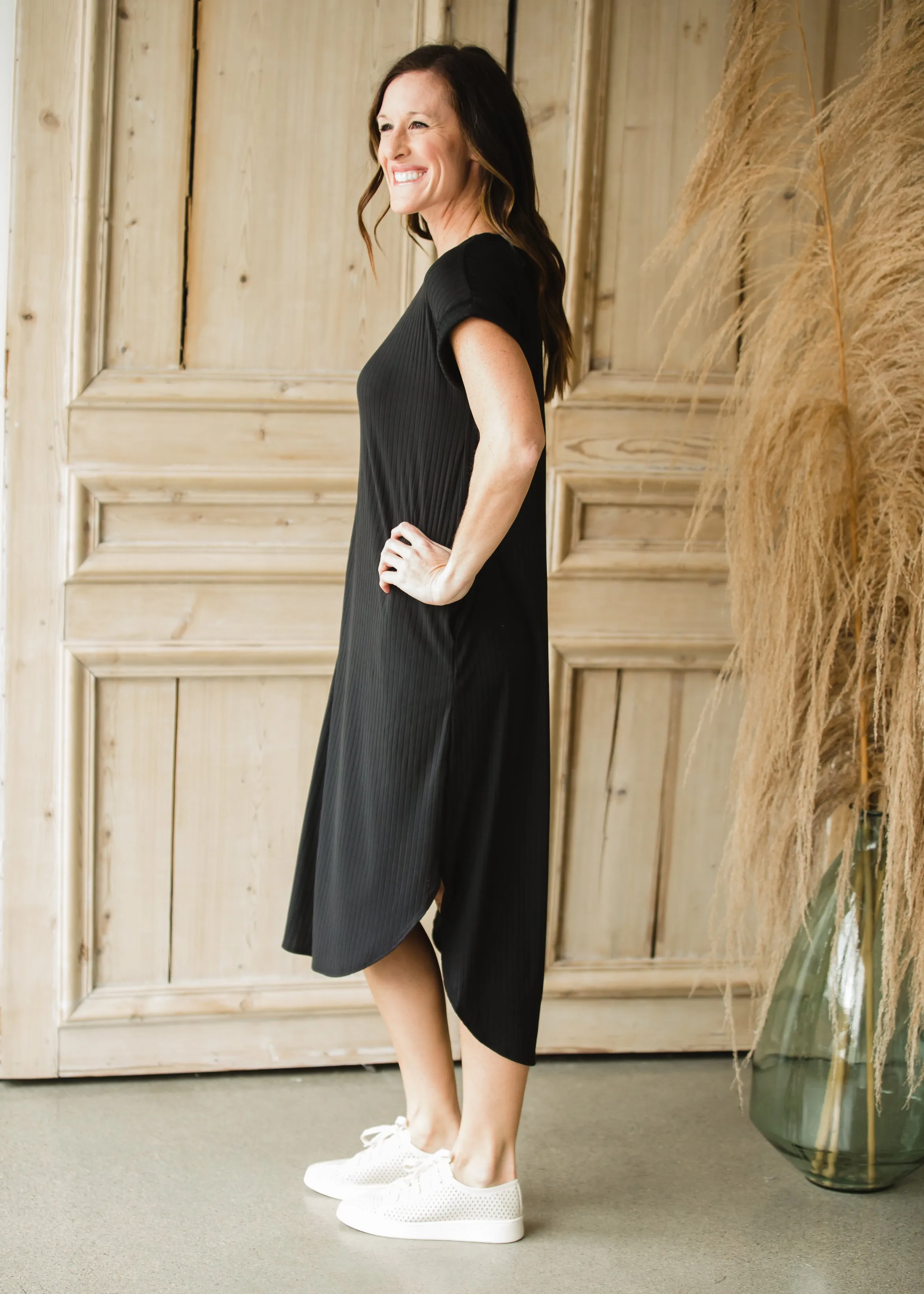 Black Ribbed Short Sleeve Maxi Dress - FINAL SALE