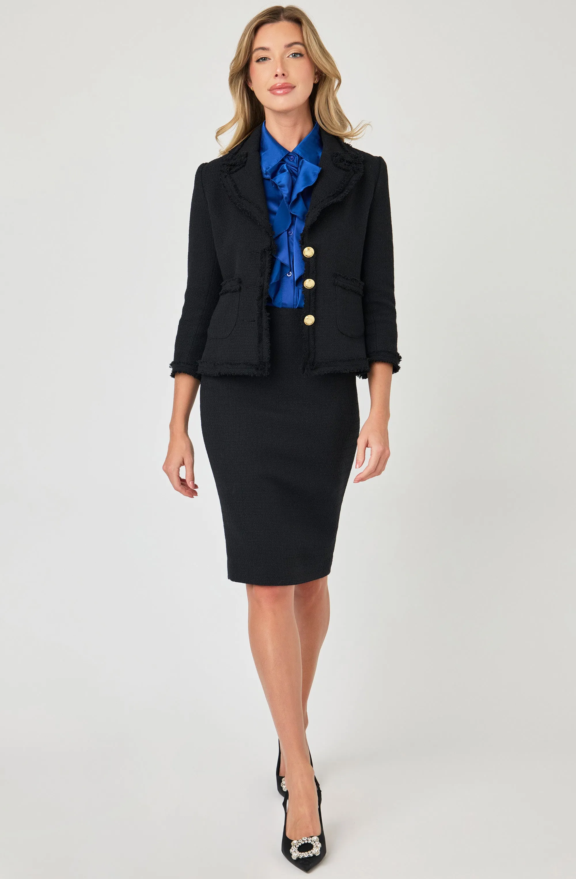 Bouclé Lapel Jacket with Gold Buttons