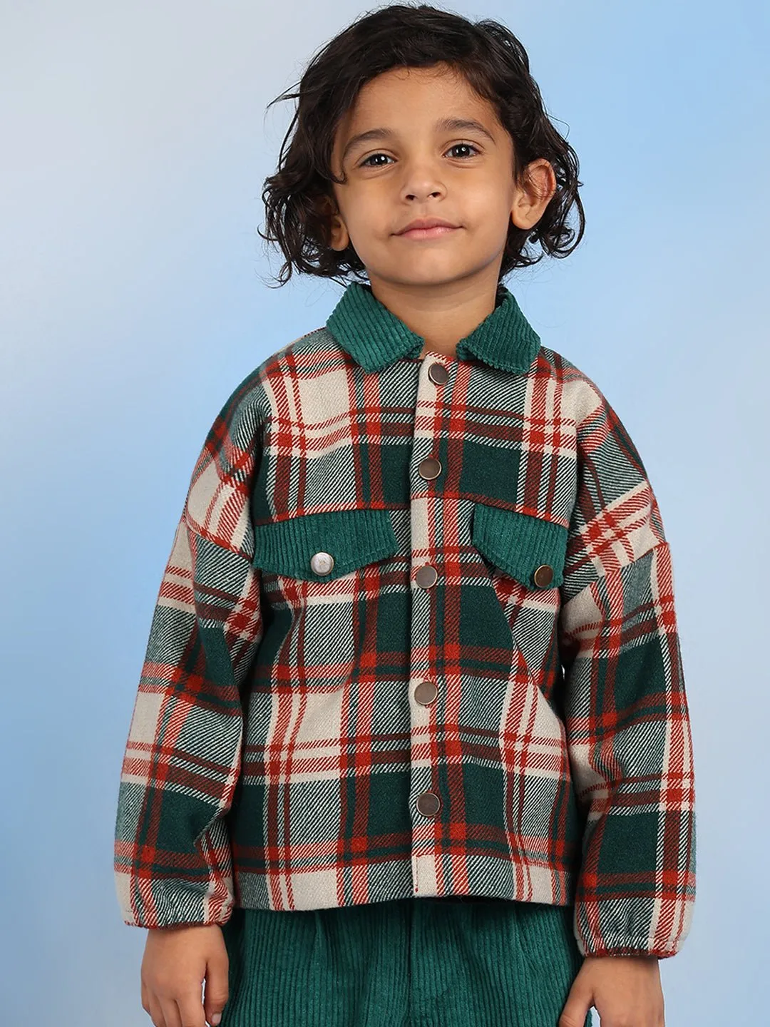 Boys Checked Double Collar Casual Jacket With Corduroy Pants