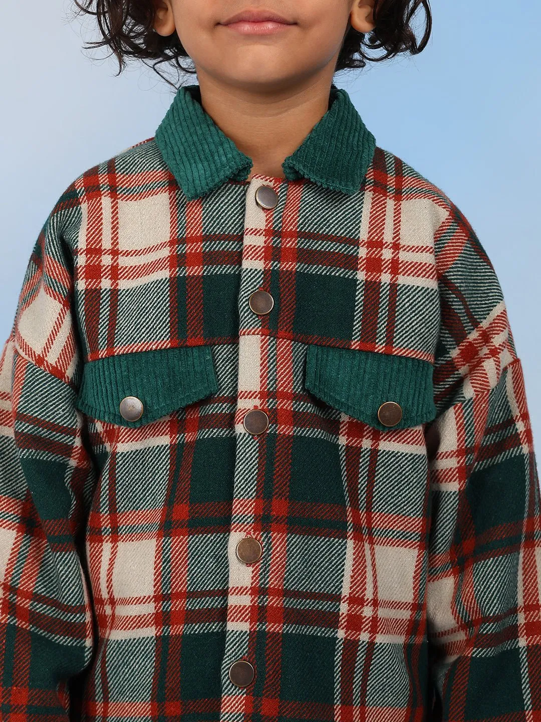 Boys Checked Double Collar Casual Jacket With Corduroy Pants