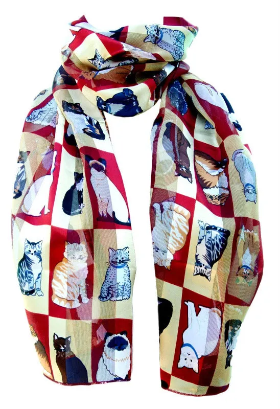 Burgundy Satin Chiffon Feel Cat Print Scarf