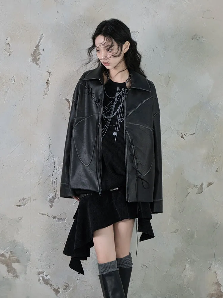 Butterfly PU Leather Loose Jacket & Slit Maxi Skirt【s0000004388】