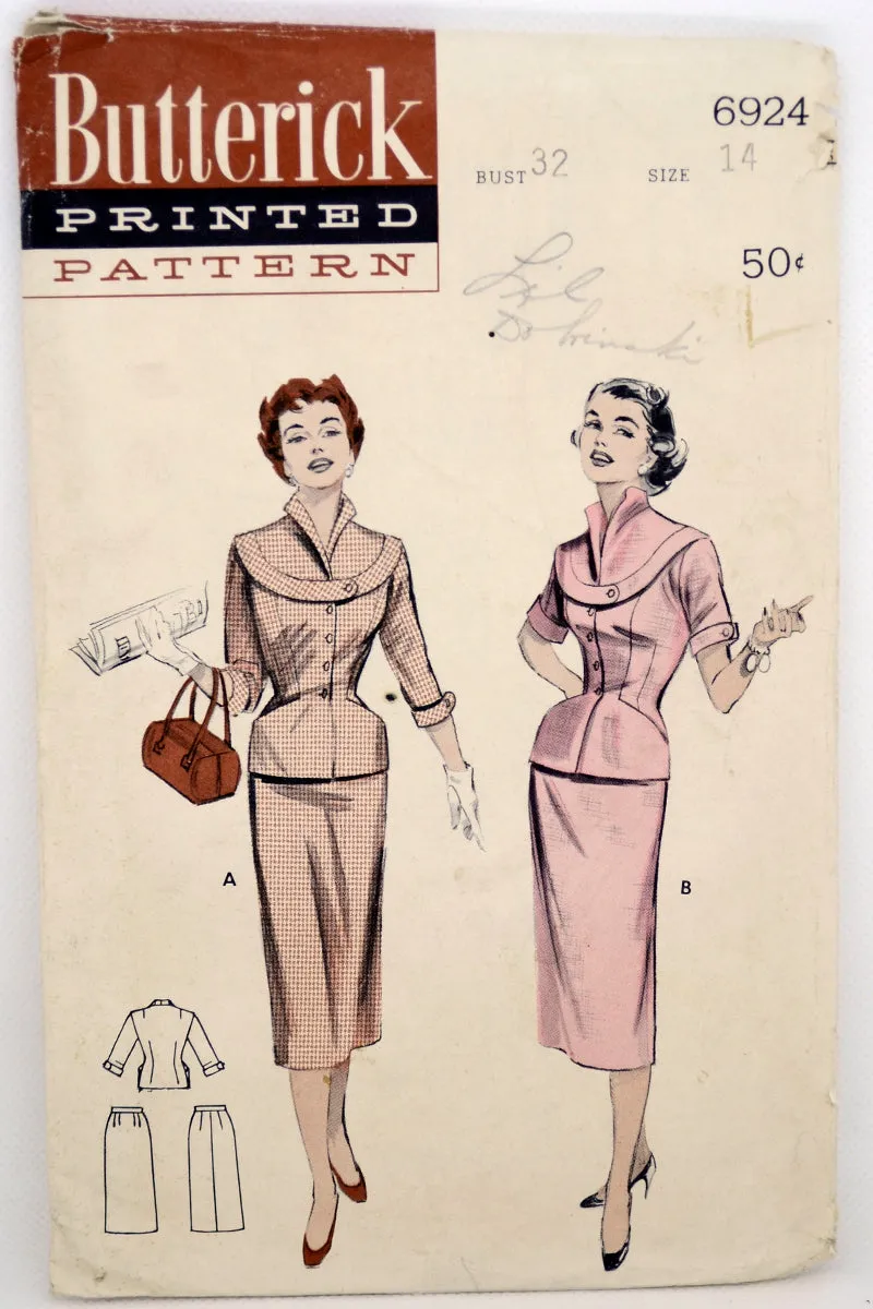 Butterick 6924 Vintage 1954 Jacket & Skirt Dress Sewing Pattern